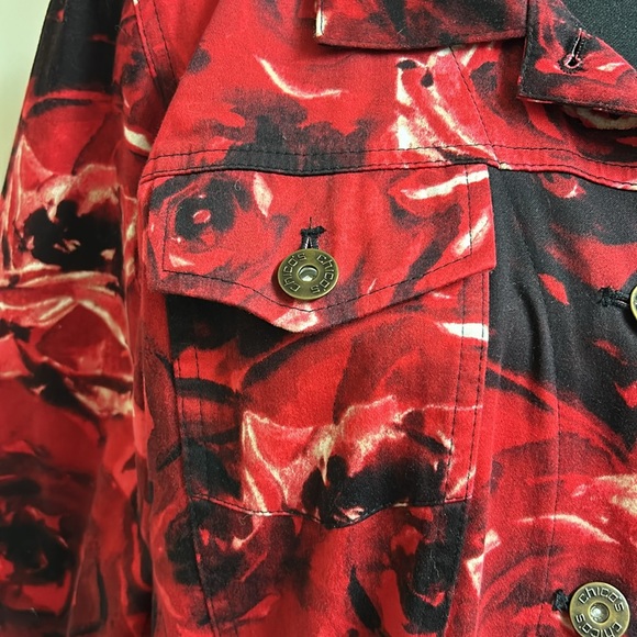 Chico's Size 2, shades of red & black flower print jeans style jacket, E… - Picture 8 of 14
